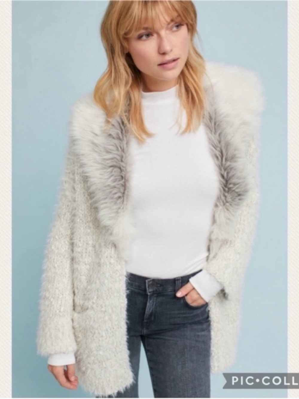 Anthropologie Sleeping On Snow Faux Fur-Collared Cardigan